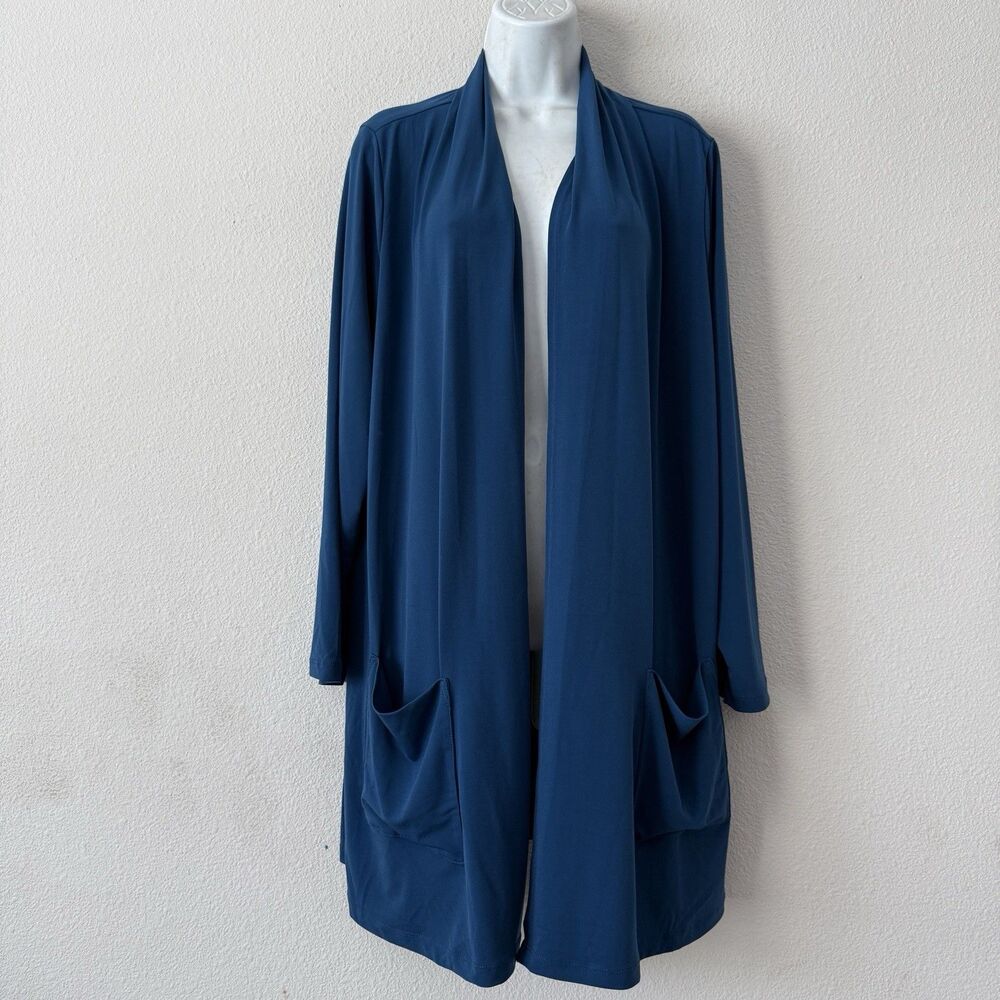 Susan Graver Liquid Knit Cardigan 1X Teal Blue Long Duster Open Front Minimalist